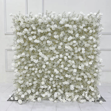 Beda Flower 7D Pure White Rose Baby Breath Roll Up Silk Flower Wall Panel Wedding Event Backdrop Decor