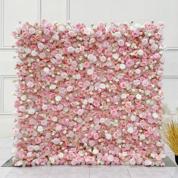 Beda Flower 5D Pink Cream White Rose Roll Up Silk Flower Wall Panel Wedding Event Backdrop Decor