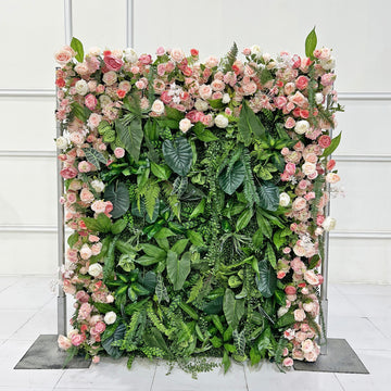 Beda Flower 5D Pink and Peach Rose Peony Greenery Roll Up Silk Flower Wall Panel Wedding Event Backdrop Decor