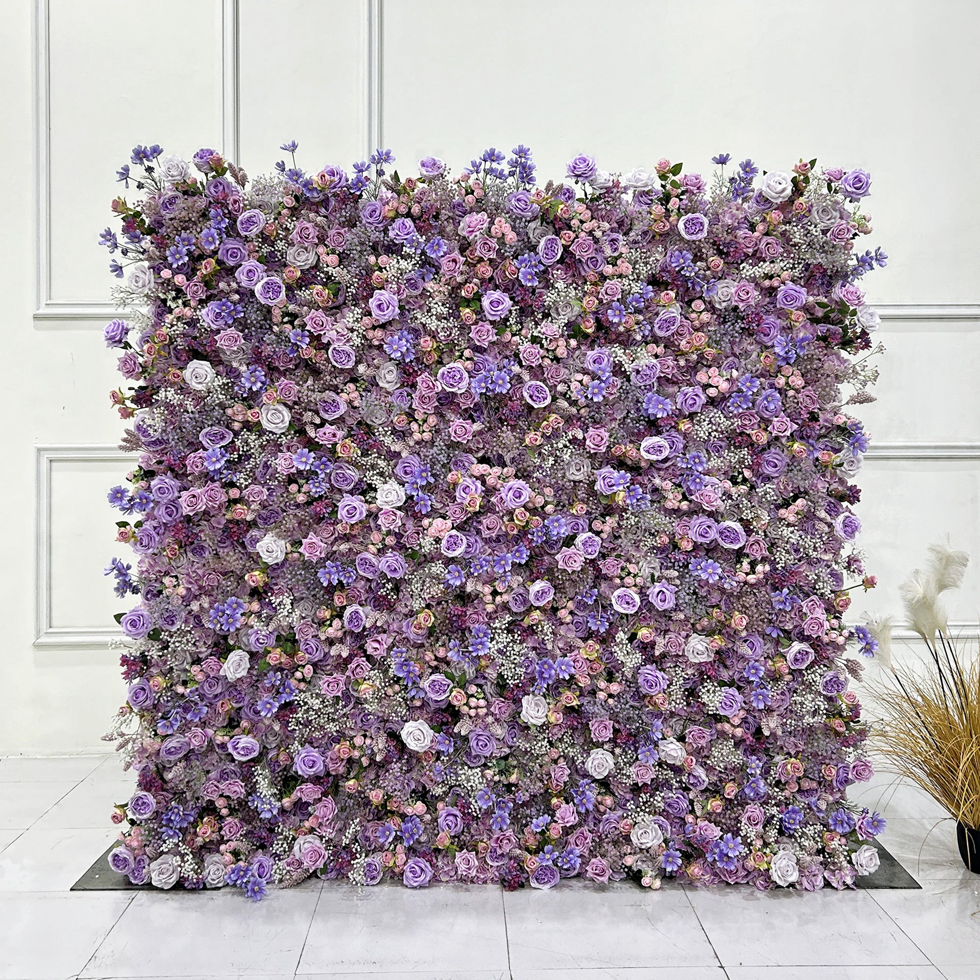 Beda Flower 7D Romantic Purple Rose Peony Daisy White Baby Breath Roll Up Silk Flower Wall Panel Wedding Event Backdrop Decor