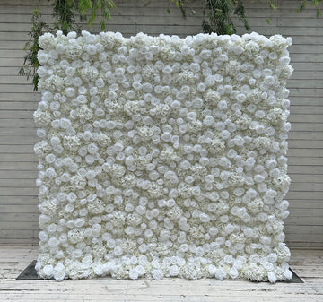 Beda Flower 3D Pure White Rose Hydrangeas Roll Up Silk Flower Wall Panel Wedding Event Backdrop Decor