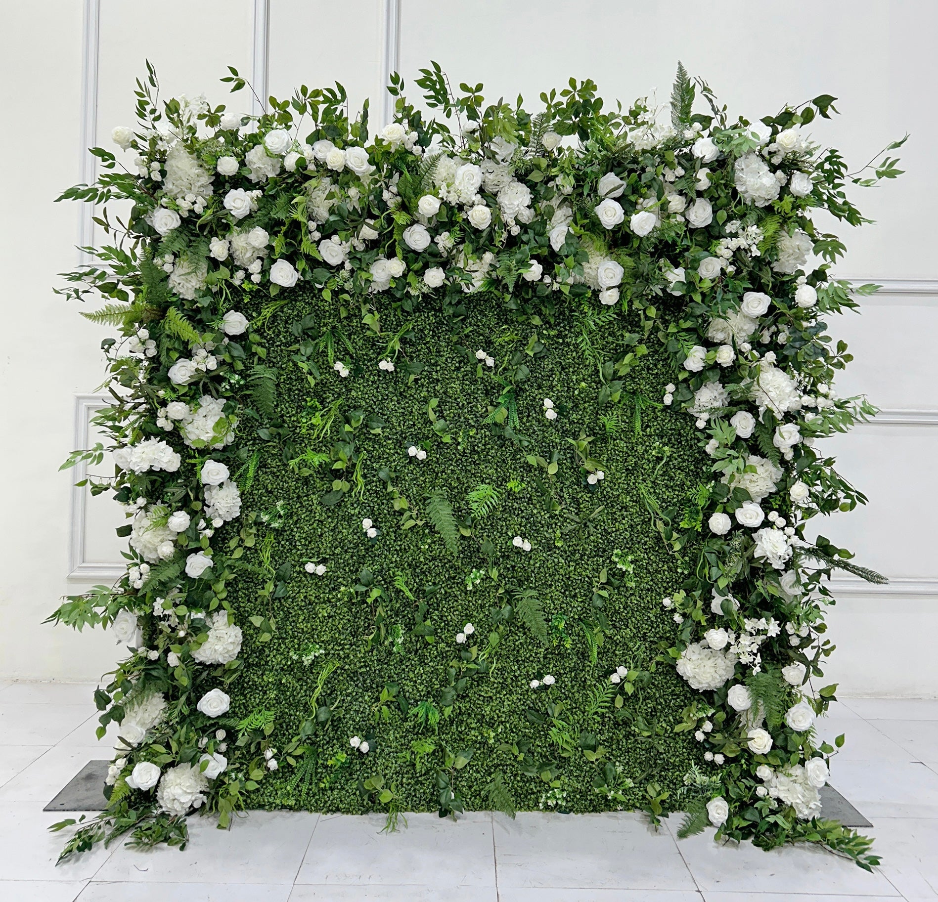 Beda Flower 5D White Rose Hydrangeas Greenery Milan Turf Roll Up Silk Flower Wall Panel Wedding Event Backdrop Decor