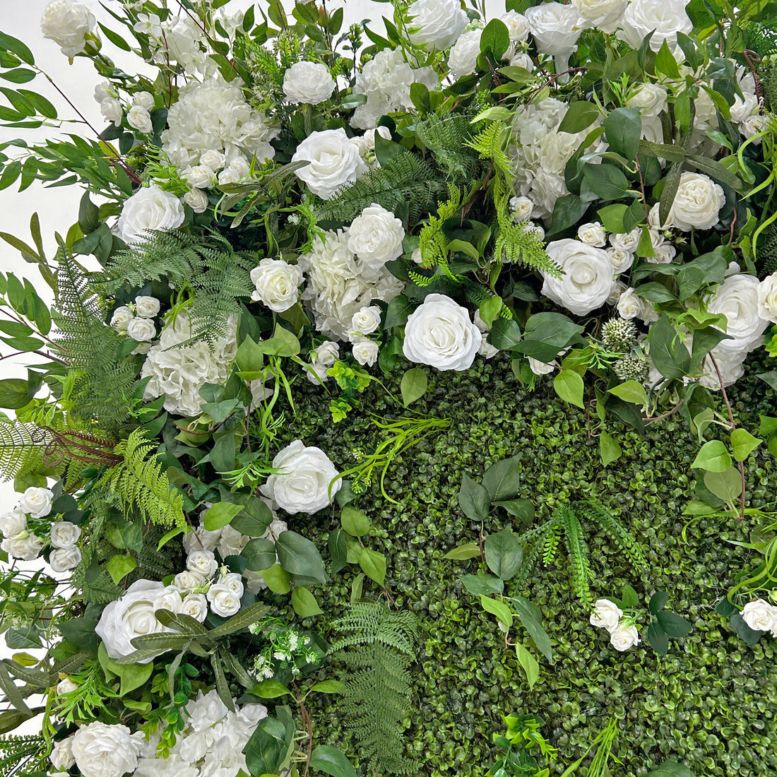 Beda Flower 5D White Rose Hydrangeas Greenery Milan Turf Roll Up Silk Flower Wall Panel Wedding Event Backdrop Decor