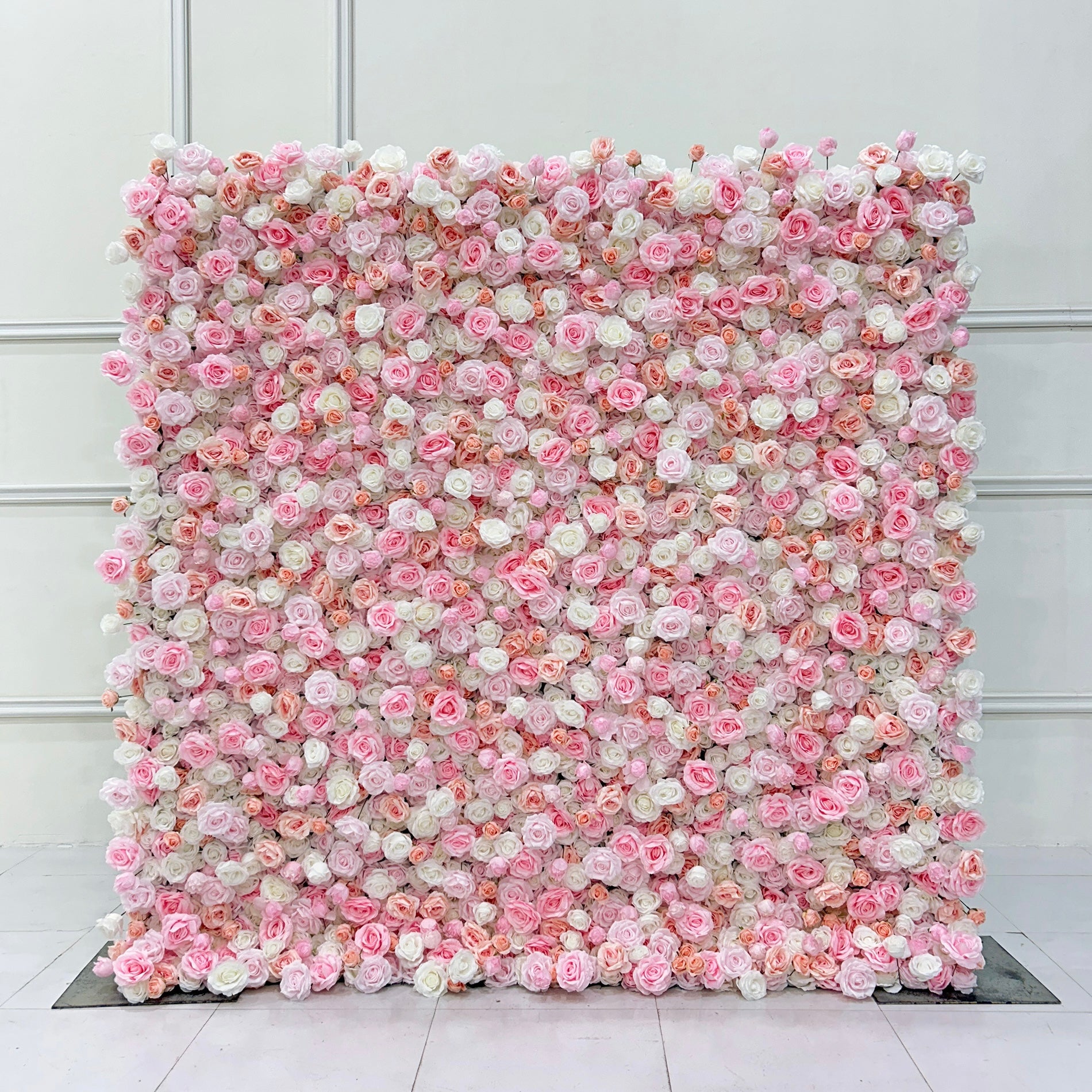 Beda Flower 3D Pink White Rose Roll Up Silk Flower Wall Panel Wedding Event Backdrop Decor