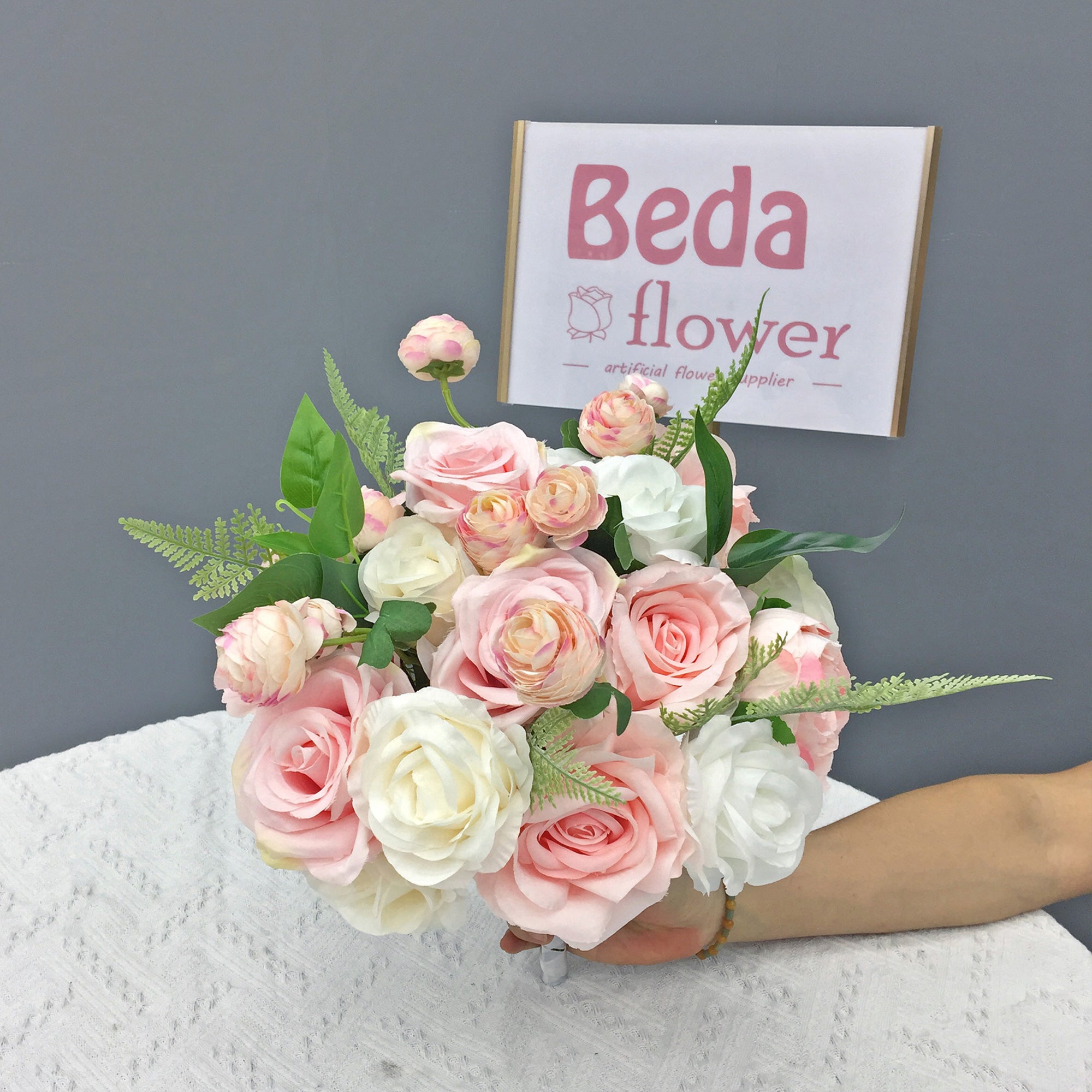 Beda Flower Pink White Rose Bridal Hand Flower Bouquet