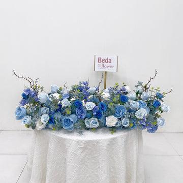 Beda Flower Luxury Blue White Rose Hydrangeas Floral Row Table Runner Wedding Decor